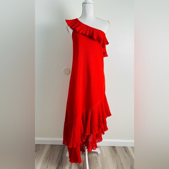 Mango Women’s Red One-Shoulder Asymmetric Ruffled Dress Size 10 - Picture 3 of 15